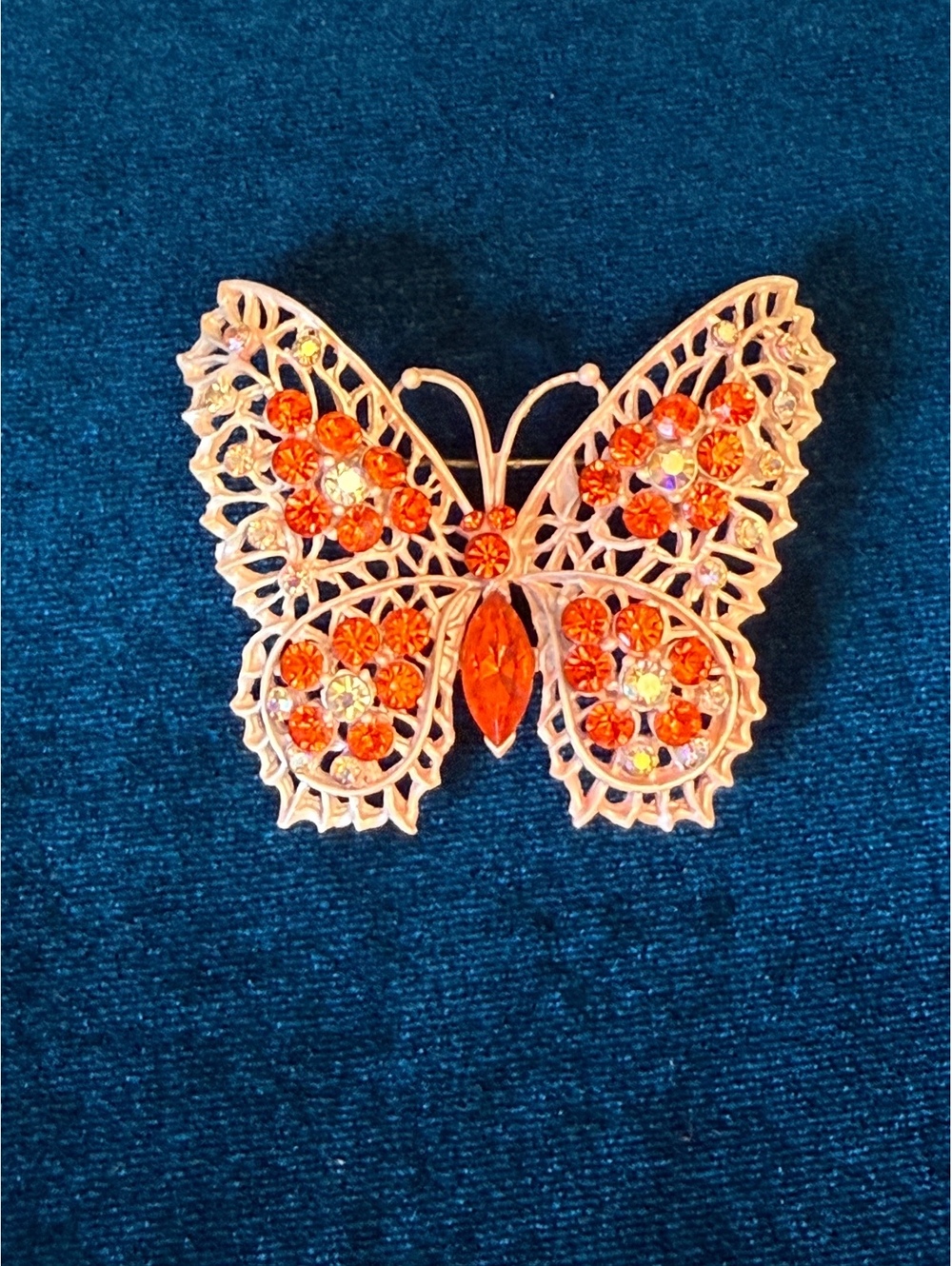 Vintage Orange Rhinestone Butterfly brooch Filigree AB Crystal Statement Pin